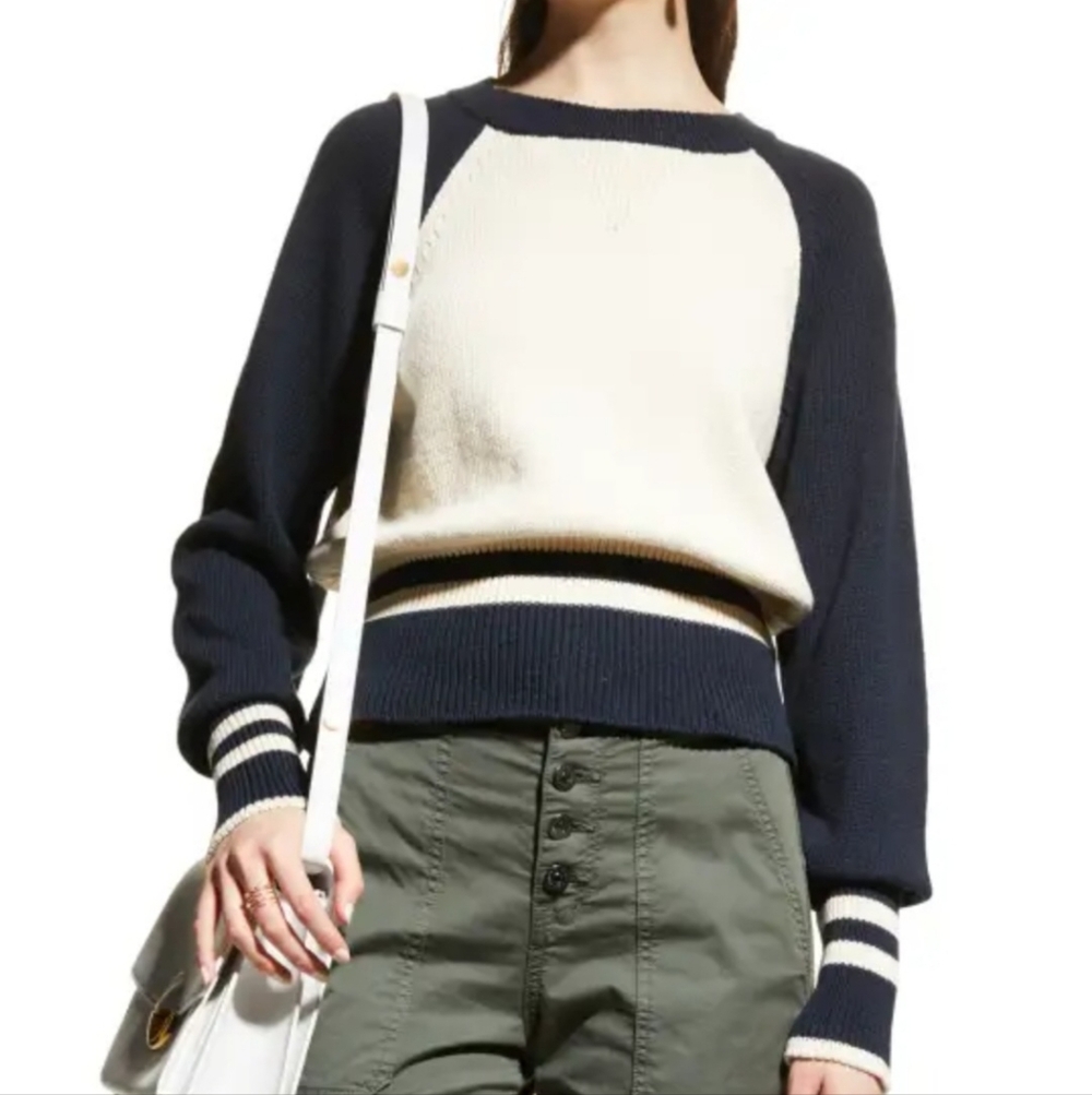 Veronica Beard Navy and Cream Raglan Crewneck Sweater - Picture 2 of 11